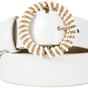 Women's White Leather Belt with Pearl Buckle Waist for Dresses Skirts